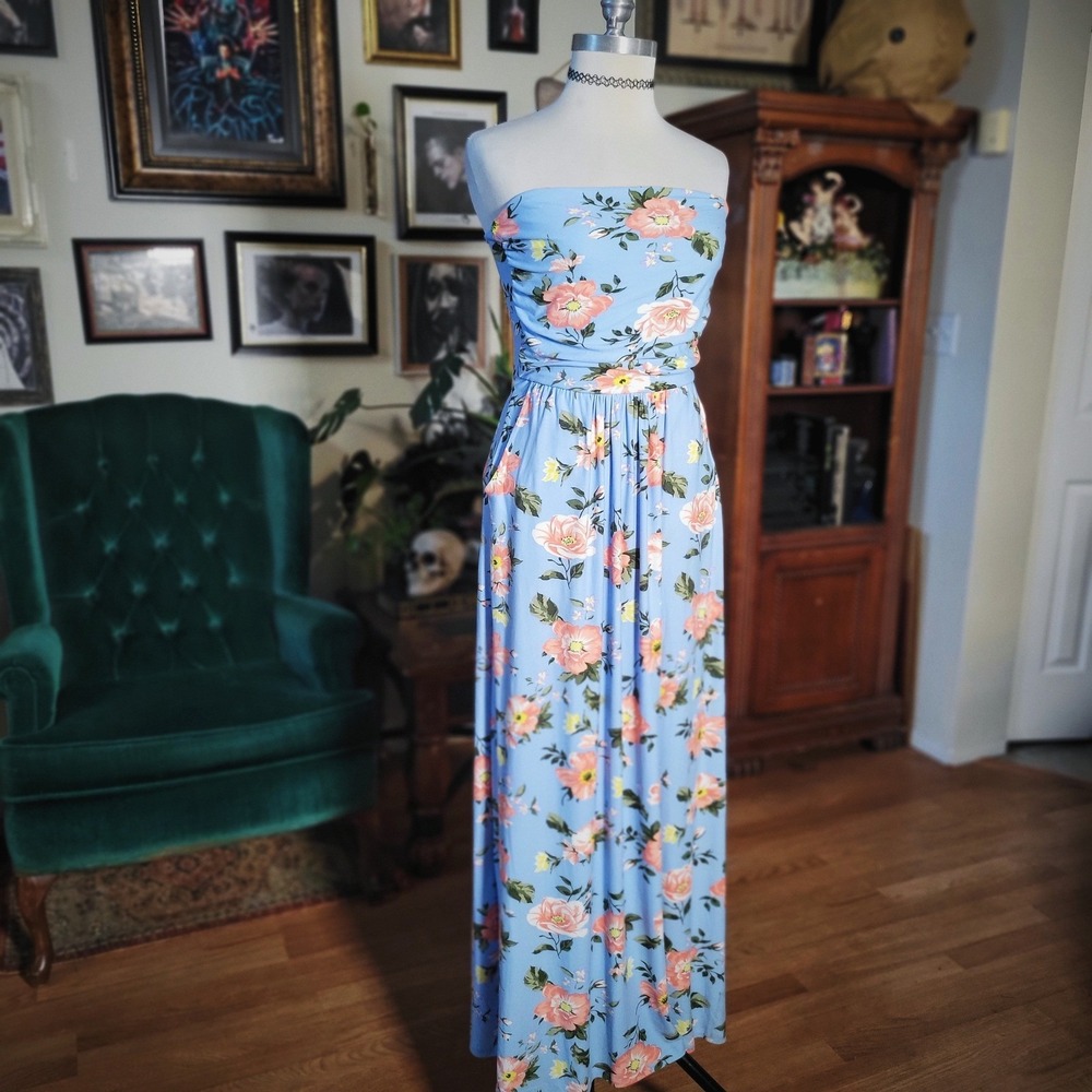 Streetwear Society Maxi Dress Blue Floral Strapless Summer Boho Gown Large NWT